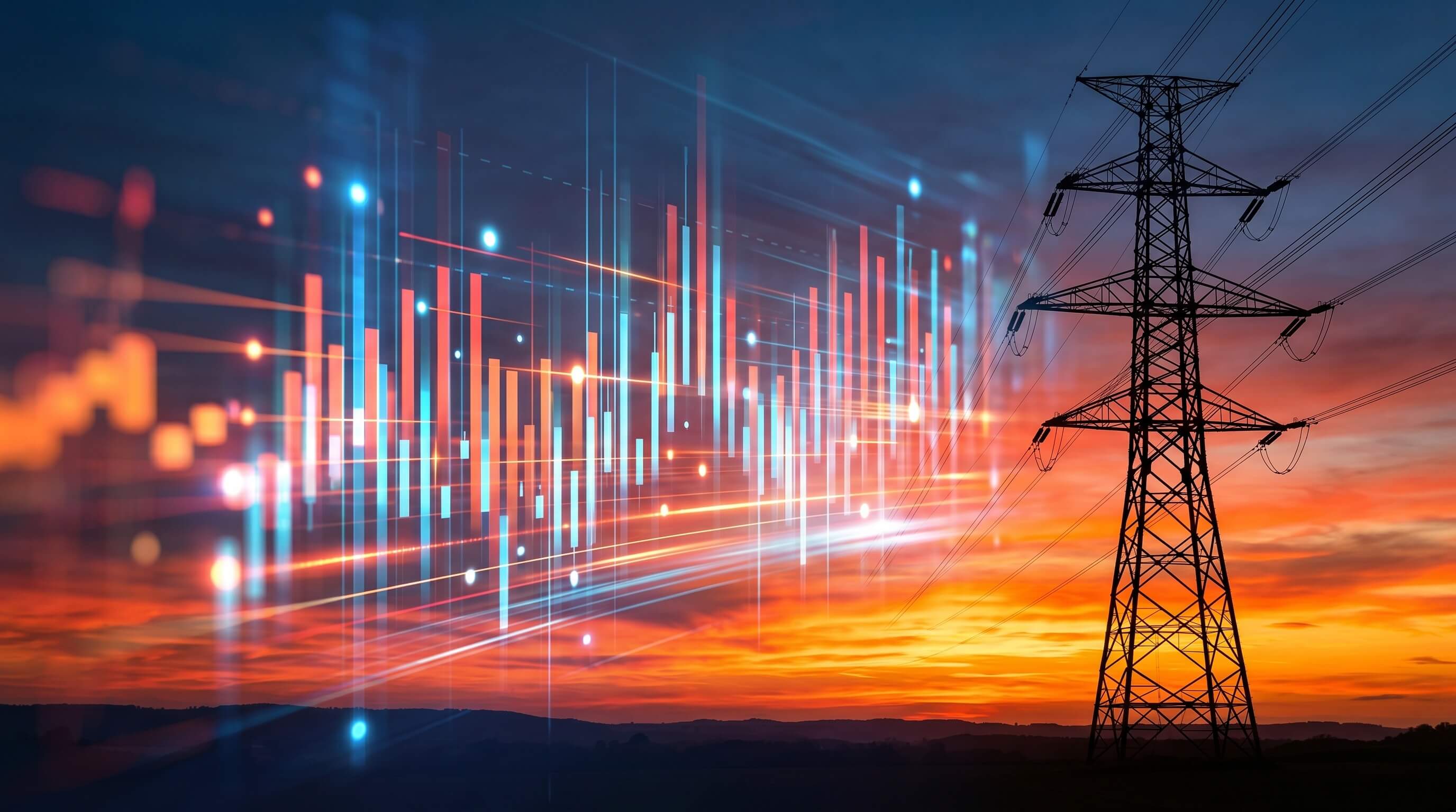 Electricity pylon with financial stock market charts and candlestick graphs at sunset. Fintech energy trading and power industry analytics for investment and utility prices.